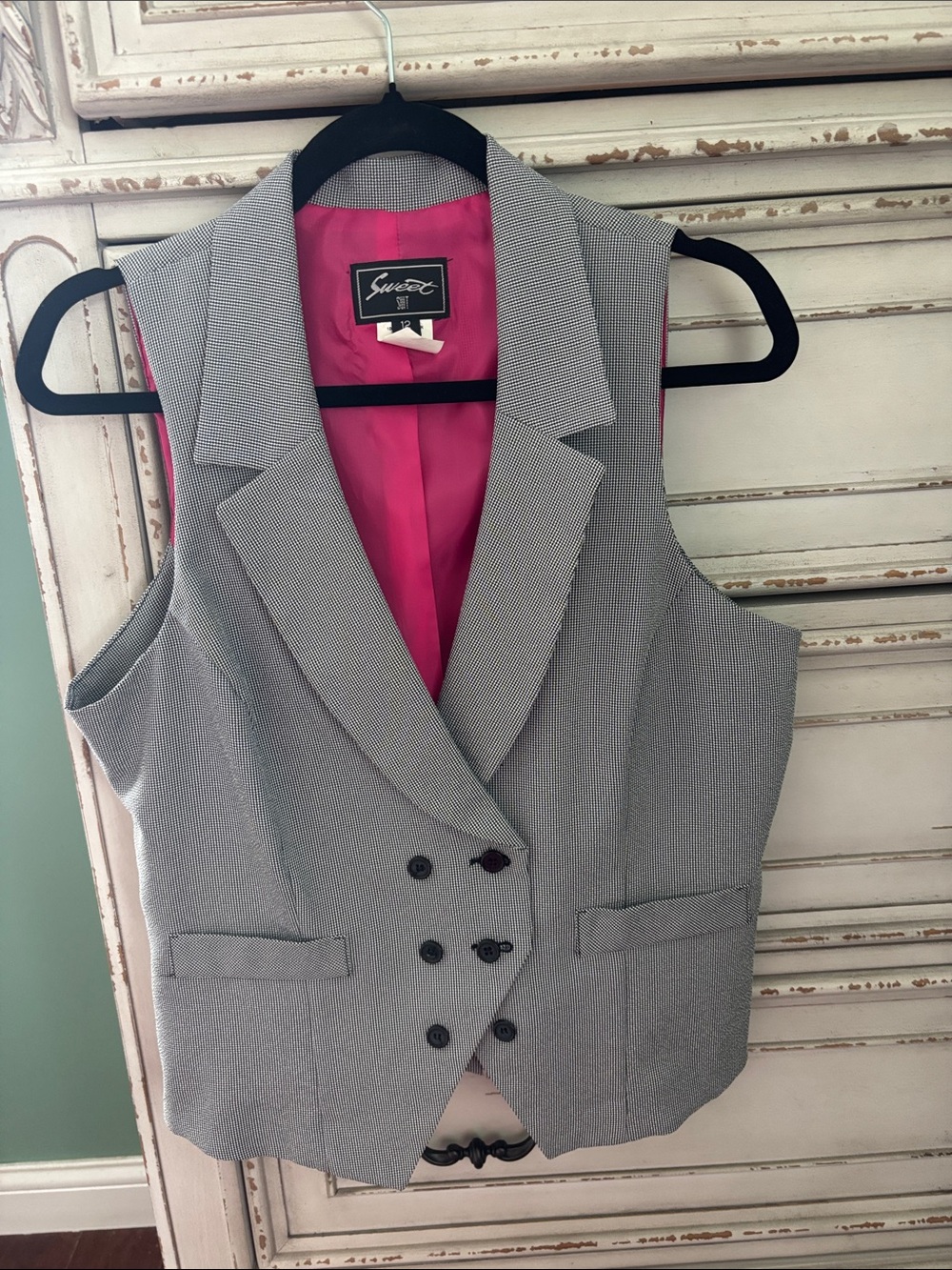 Solemio Grey Textured Double-Breasted Vest with Pink Lining
